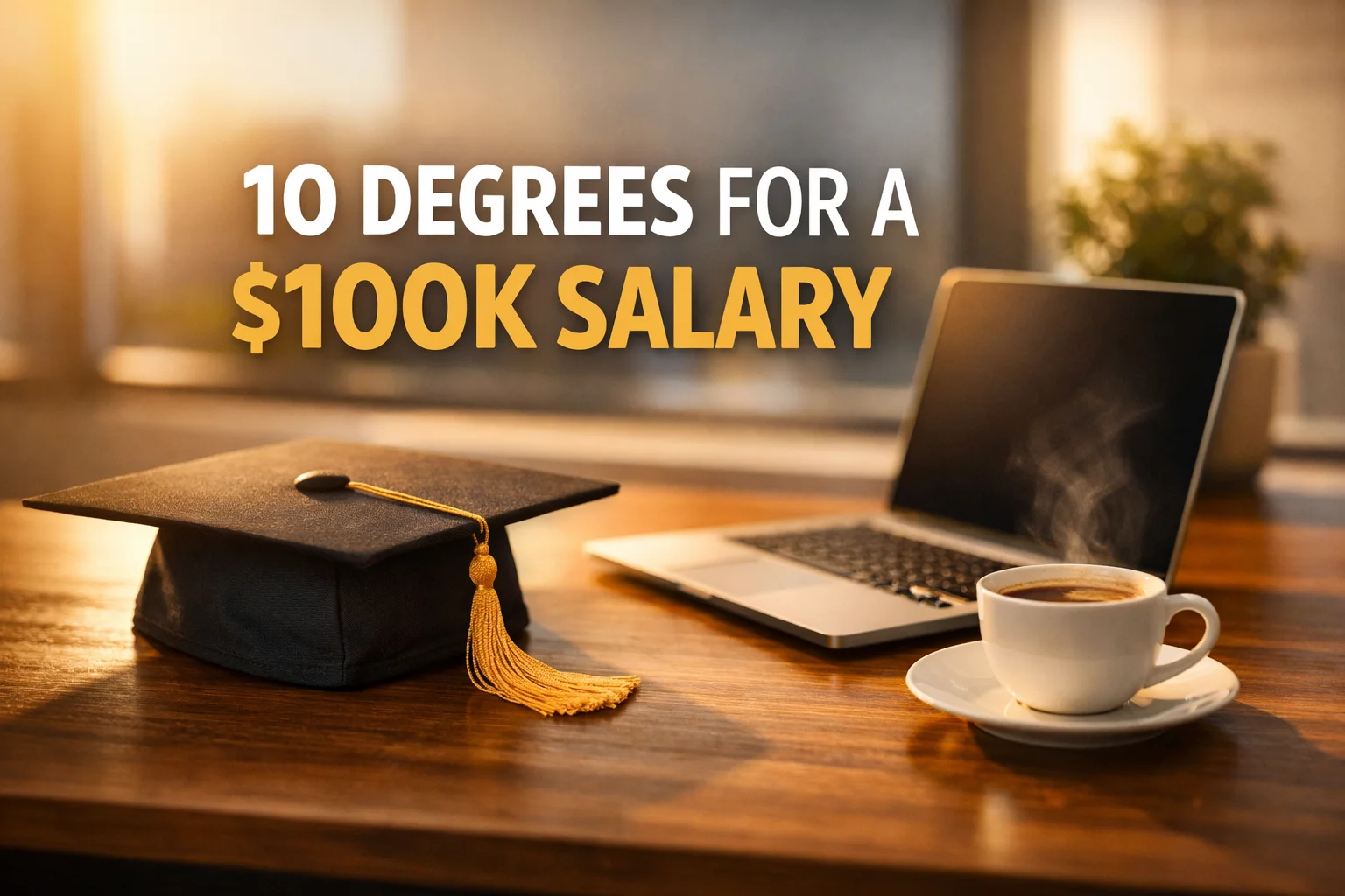 > A minimalist modern office desk featuring a graduation cap, a sleek laptop, and a steaming cup of coffee with a bold text overlay reading "10 Degrees for a $100k Salary."