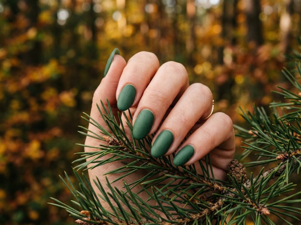 Medium oval matte forest green nails touching pine tree branches outdoors, autumn forest background, natural earthy nail style