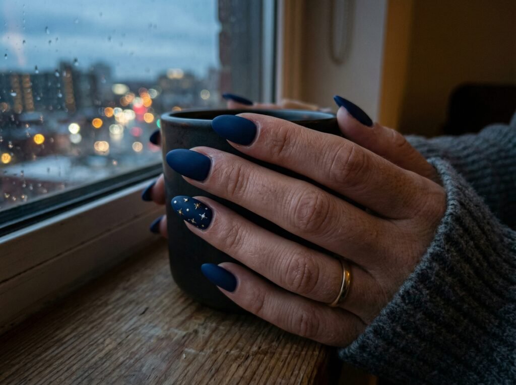 Almond-shaped matte navy blue nails with subtle silver star nail art, hand near window at dusk, blurred city lights background