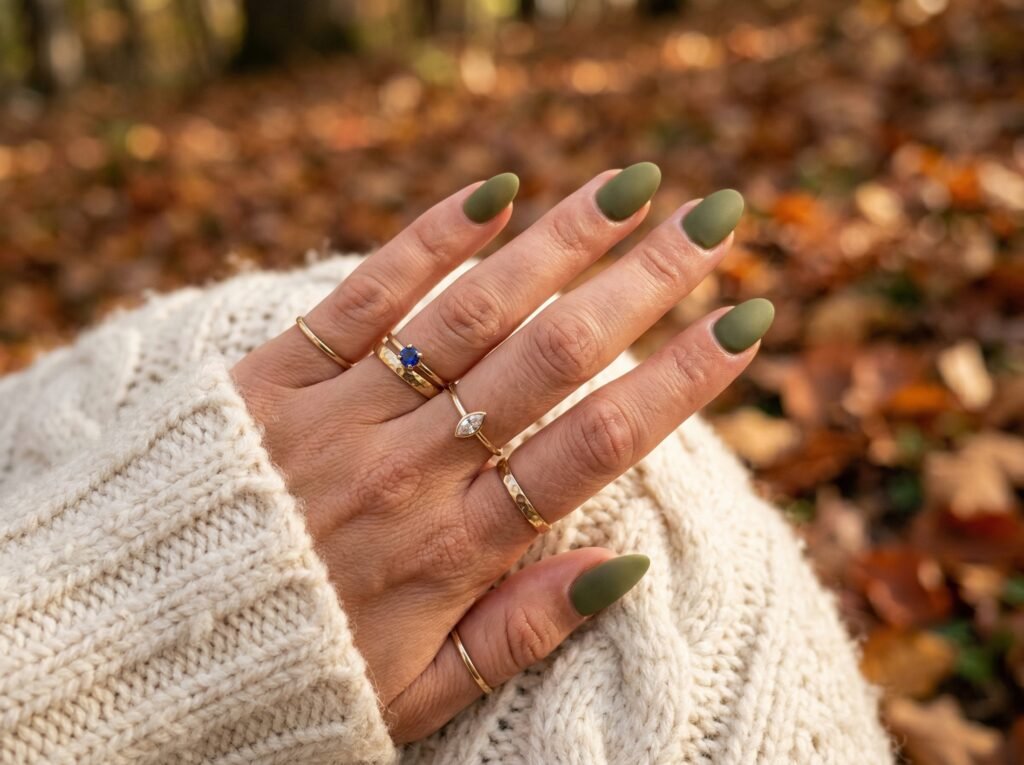 “Soft almond-shaped matte olive green nails with gold rings on fingers, resting on chunky knit sweater in autumn outdoor setting