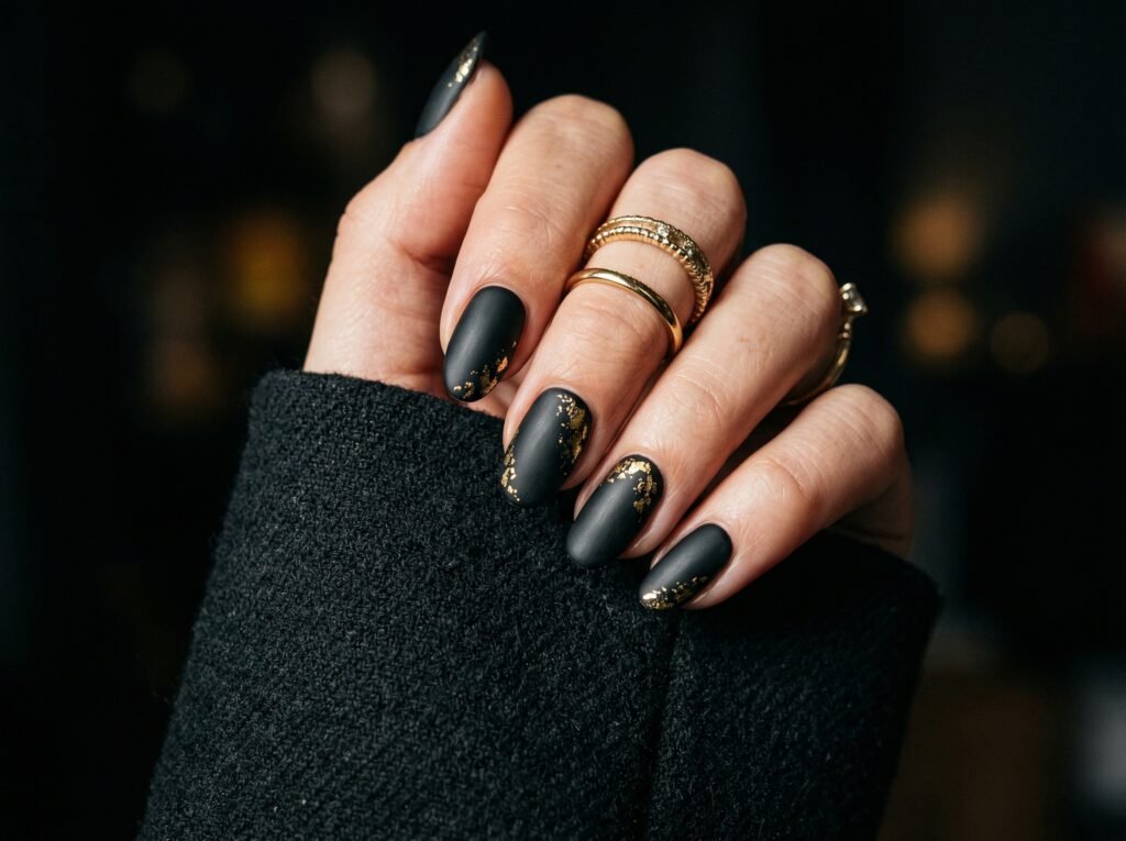Short stiletto matte black nails with delicate gold foil accents, hand with gold rings in luxury fashion editorial style, dark blurred background