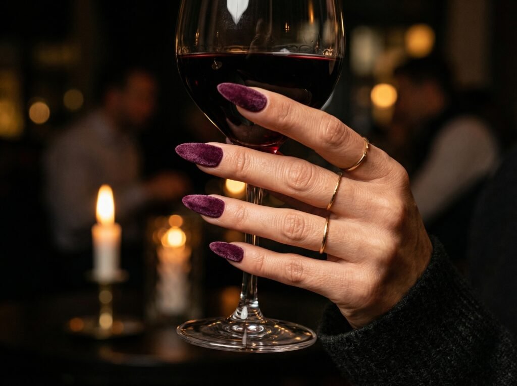 Elegant long stiletto matte plum nails holding a glass of red wine, candlelight evening ambiance, rich velvety nail texture