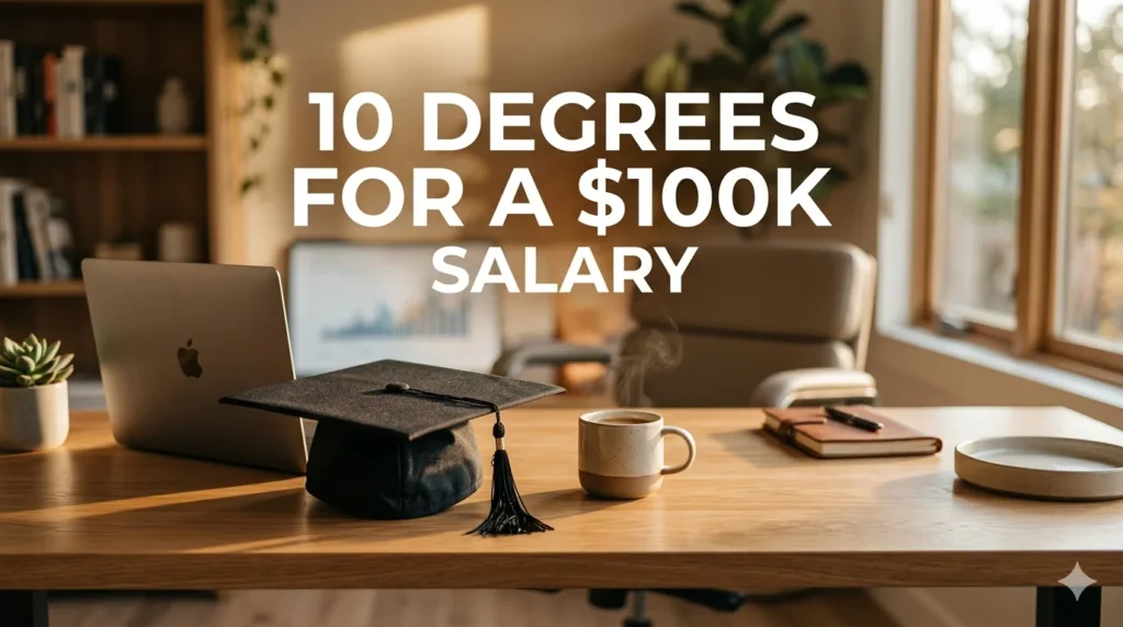 > A minimalist modern office desk featuring a graduation cap, a sleek laptop, and a steaming cup of coffee with a bold text overlay reading "10 Degrees for a $100k Salary."