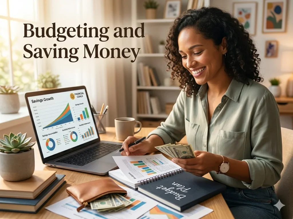"Young adult at a desk organizing money and budget charts, laptop showing savings growth graphs, notebook with 'Budget Plan' written on it, illustrating budgeting, tracking expenses, and money management habits for financial success.
