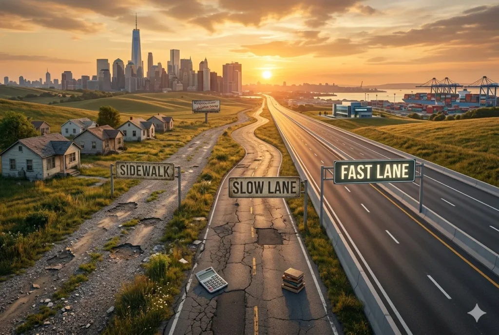 Millionaire Fastlane three wealth paths sidewalk slowlane fastlane concept image