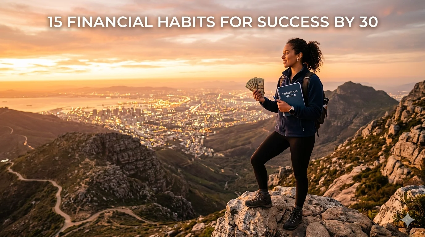oung professional standing on rooftop at sunrise, holding a financial goals notebook and a glowing coin, symbolizing financial success and wealth-building habits, cinematic golden hour lighting, modern city skyline in background."
