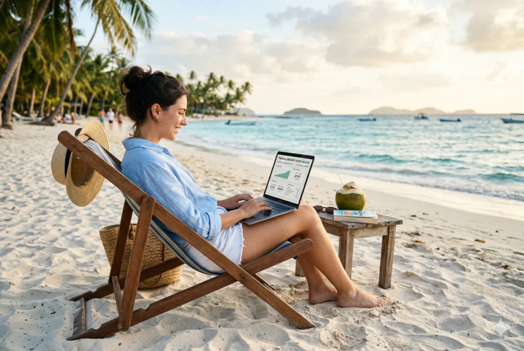 A person working on a laptop while sitting on a beach chair with a tropical beach background, relaxed lifestyle, passive income concept, soft sunlight, realistic lifestyle scene, financial freedom concept, ultra realistic, blog image, 1200x800
