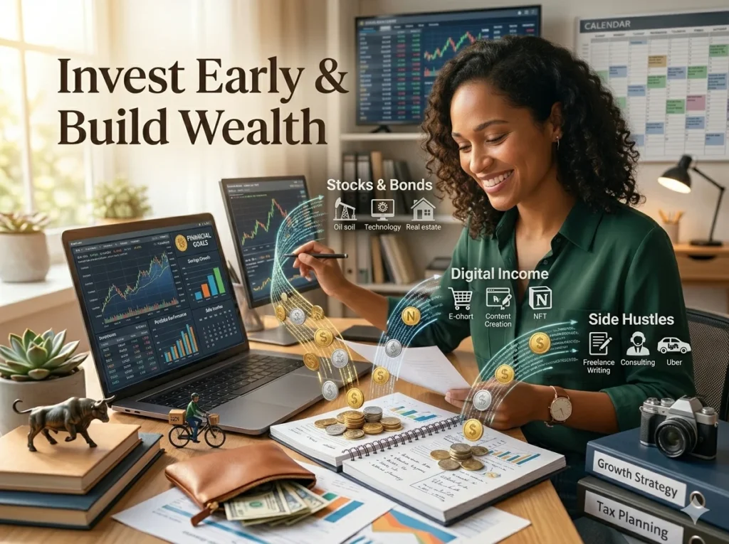 "Young professional managing multiple income streams, with charts, coins, and laptop showing investment graphs, symbolizing investing early, passive income, and creating financial freedom through multiple income sources."