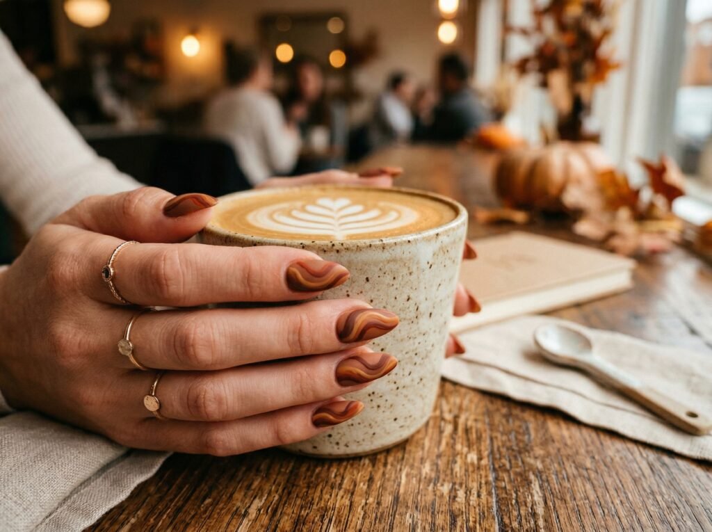 Almond-shaped nails with matte cinnamon, rust, and caramel swirl design holding a latte cup, cozy café autumn setting