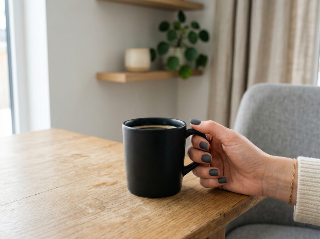 Short square charcoal gray matte nails holding a black ceramic coffee mug, modern interior background, minimalist autumn lifestyle