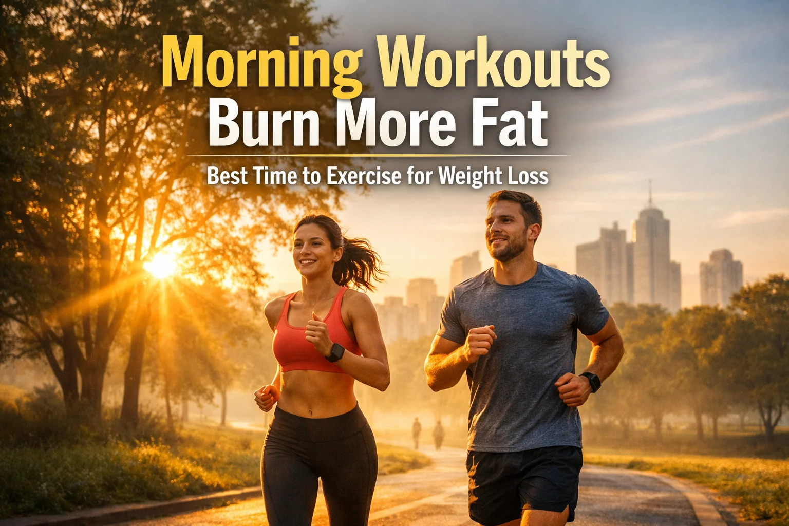 Morning workout for weight loss – man and woman jogging at sunrise