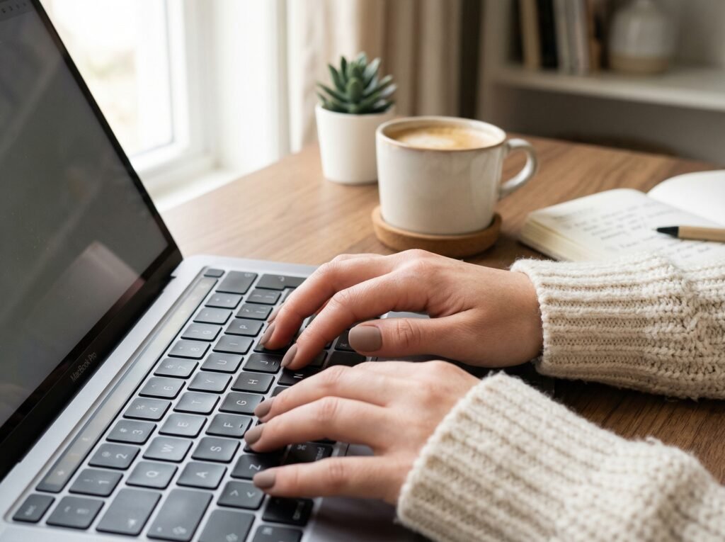 Short natural taupe matte nails typing on a laptop keyboard, cozy home workspace with coffee cup and neutral tones, autumn aesthetic