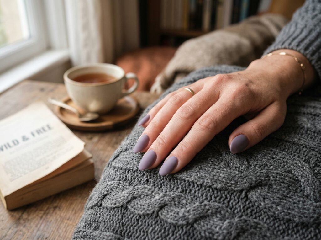 Oval-shaped matte smoky lavender nails resting on gray knit sweater with book and tea cup, soft indoor autumn light, cozy lifestyle