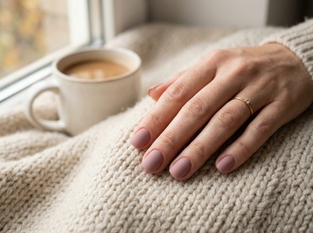 Short squoval matte dusty rose nails resting on a soft beige blanket with coffee cup in background, soft morning light