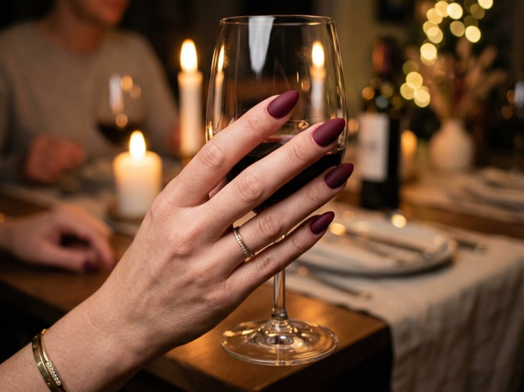 Almond-shaped matte burgundy wine nails holding a wine glass, warm candlelight dinner setting, luxurious autumn nail look