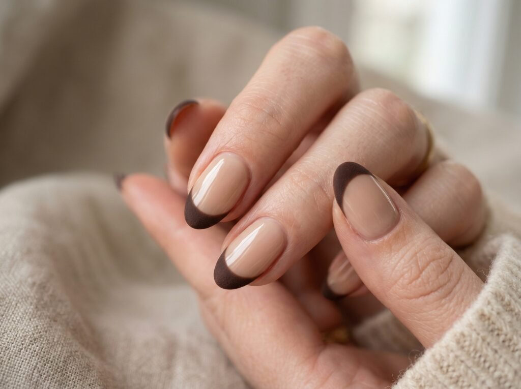 “Short almond nails with glossy nude base and matte espresso brown French tips, clean minimal background, beauty editorial style