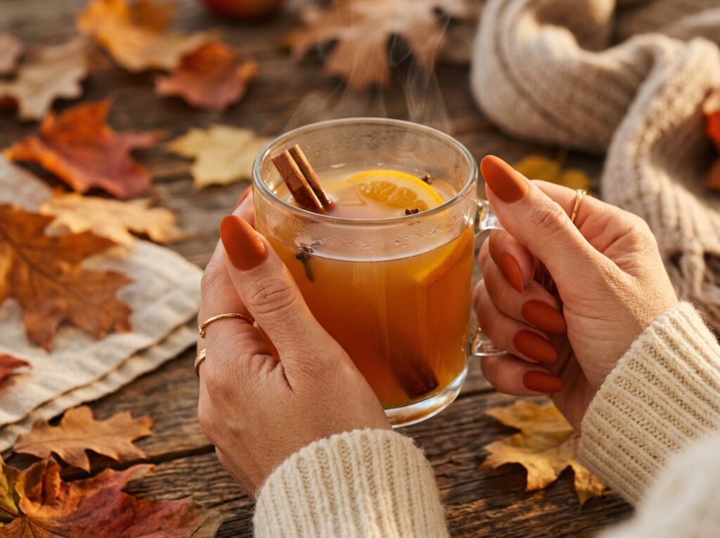 “Long oval matte burnt orange nails holding a glass of hot apple cider, rustic autumn leaves background, cozy fall aesthetic”