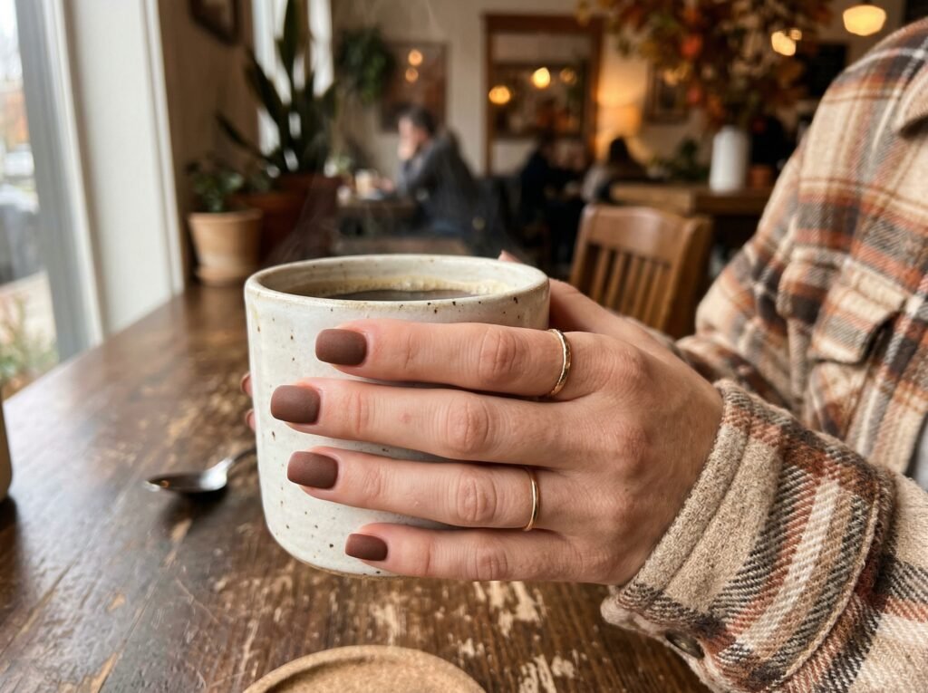 Short square matte mocha brown nails on a woman’s hand holding a warm coffee mug, cozy autumn lifestyle setting