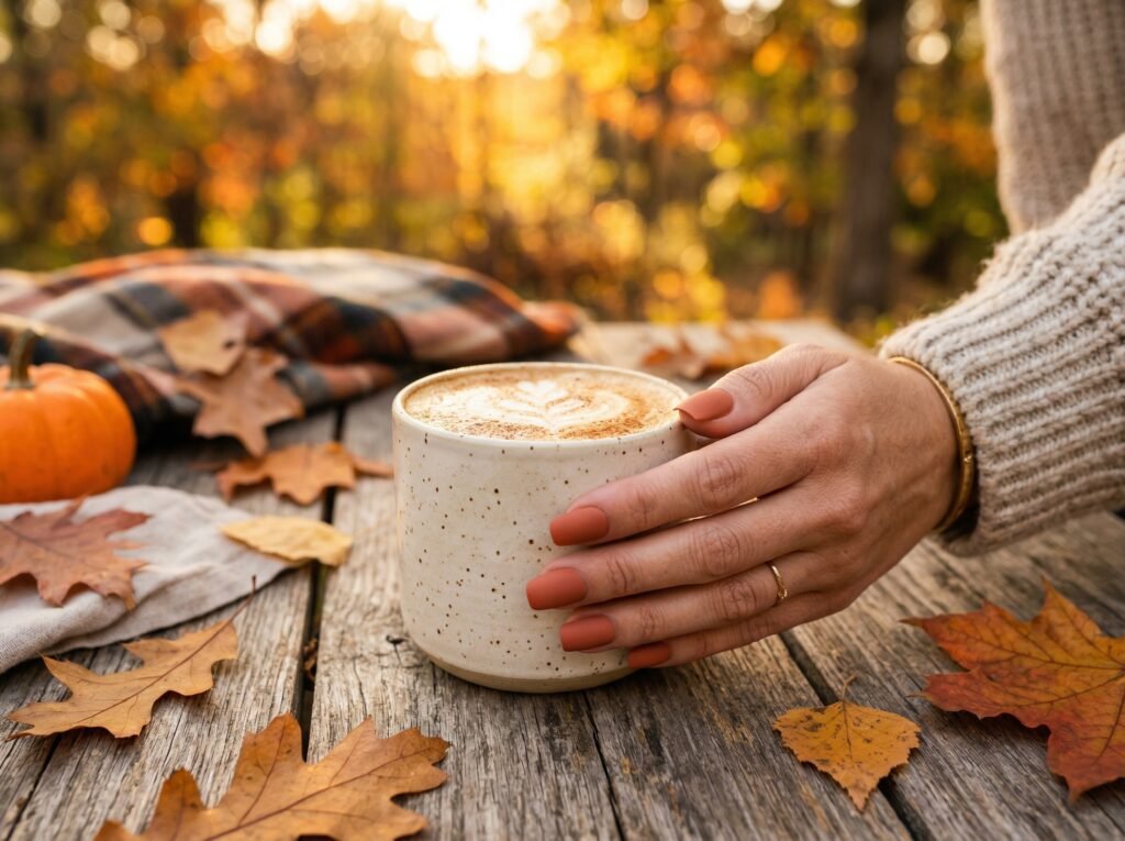 Squoval matte terracotta nails holding a pumpkin spice latte, autumn leaves and wooden table in background, warm cozy seasonal vibe